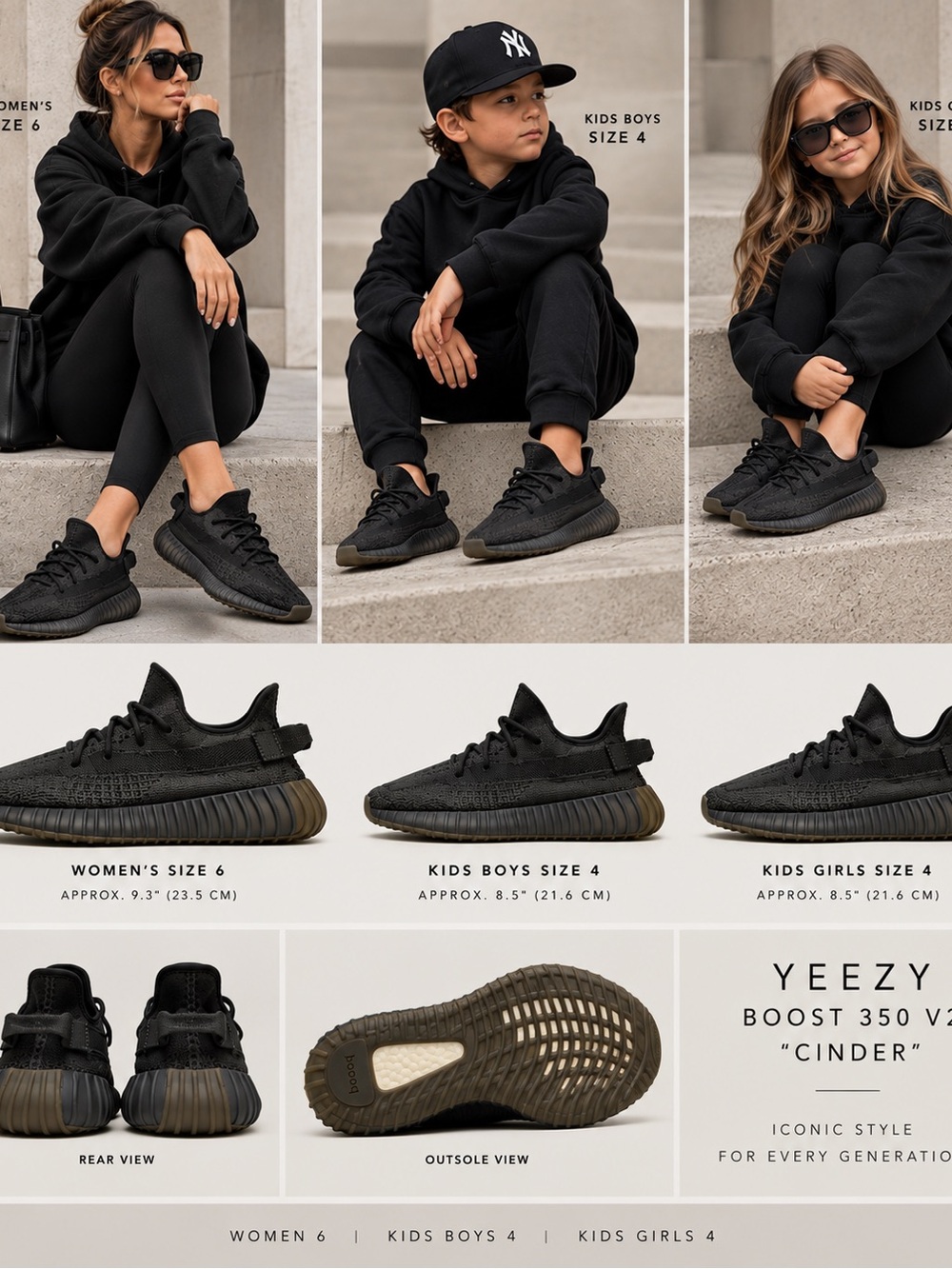 Yeezy Boost 350 V2 Women or Kids Black Cinder-Style Sneakers